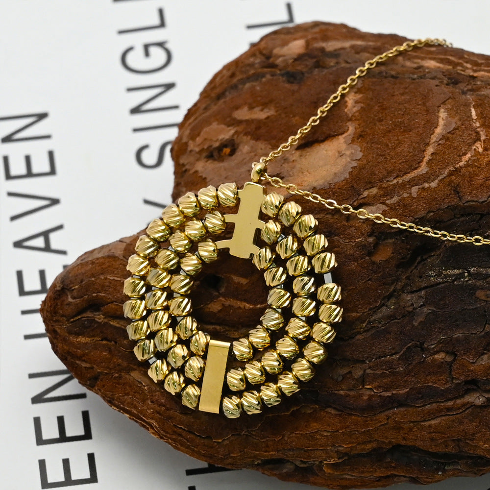 LEEDOUX Three-layer Rotatable Beaded Round Pendant Necklace