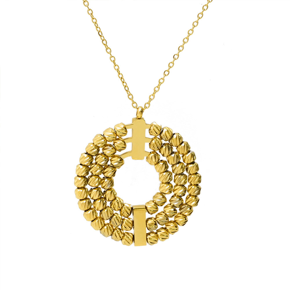 LEEDOX  Three-layer Rotatable Beaded Round Pendant Necklace