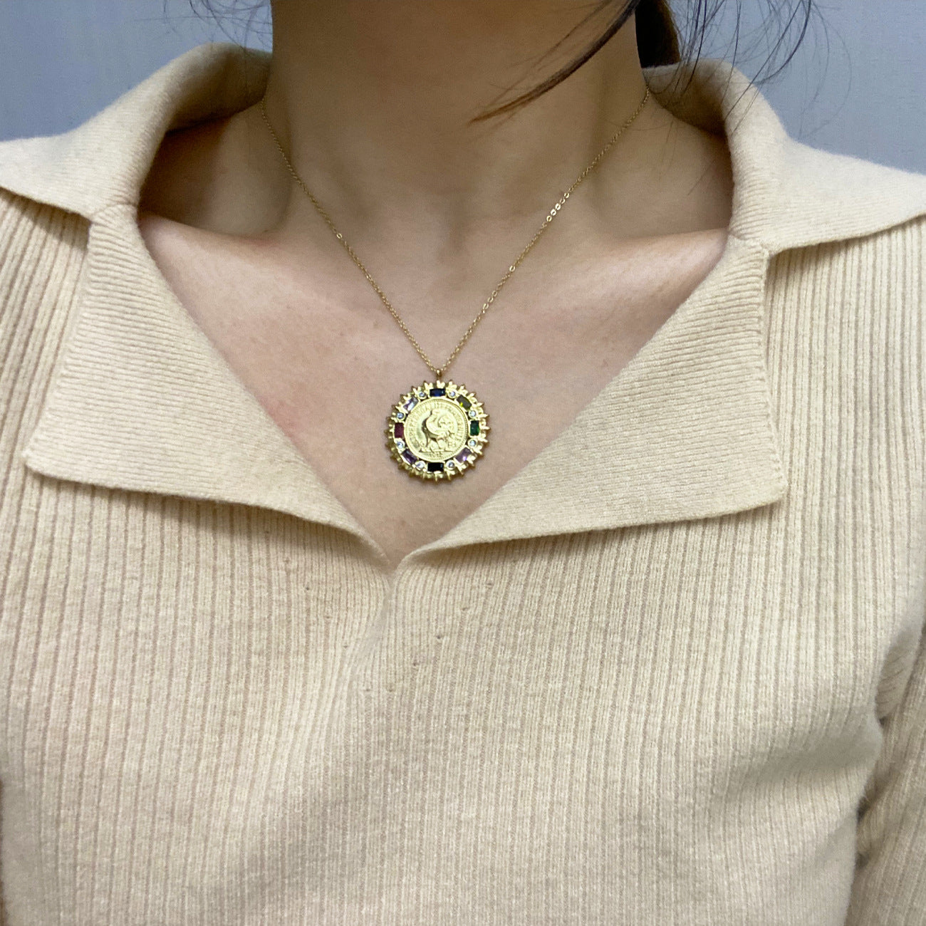 LEEDOUX Jewelry Rooster Coin Pendant Necklace