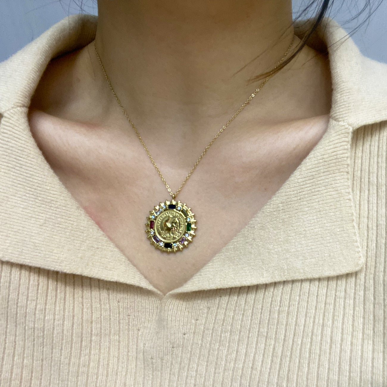 LEEDOUX Jewelry Rooster Coin Pendant Necklace