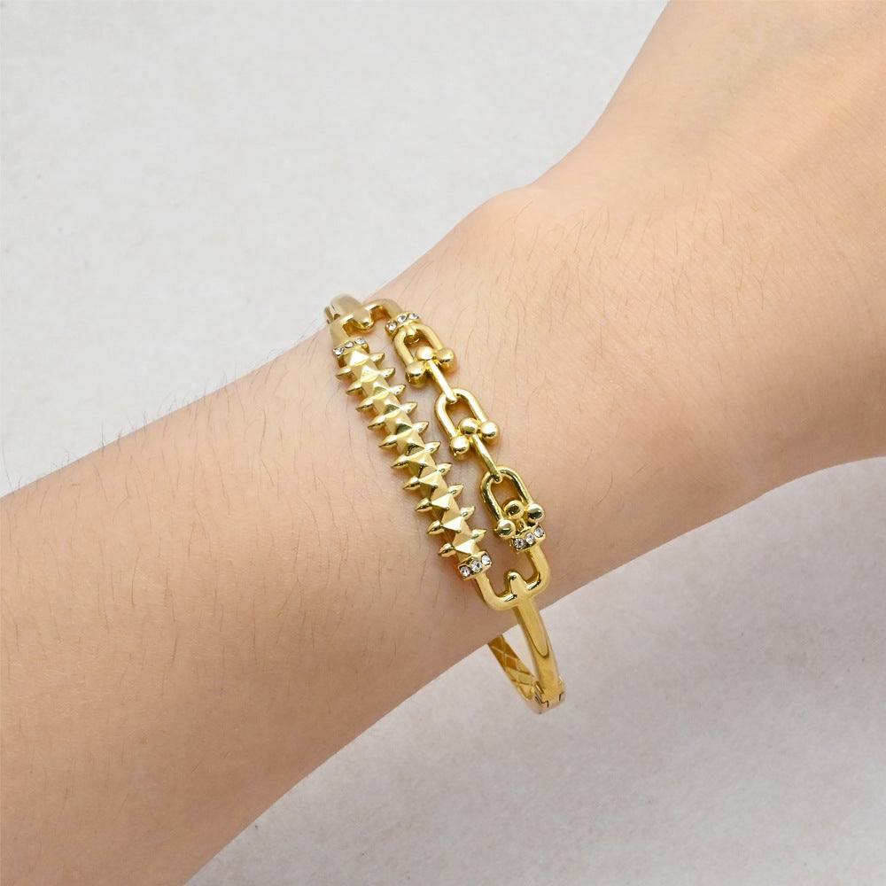 LEEDOUX Personality Horseshoe Buckle Centipede Style Gold-Plated Stainless Steel Clasp Bracelet