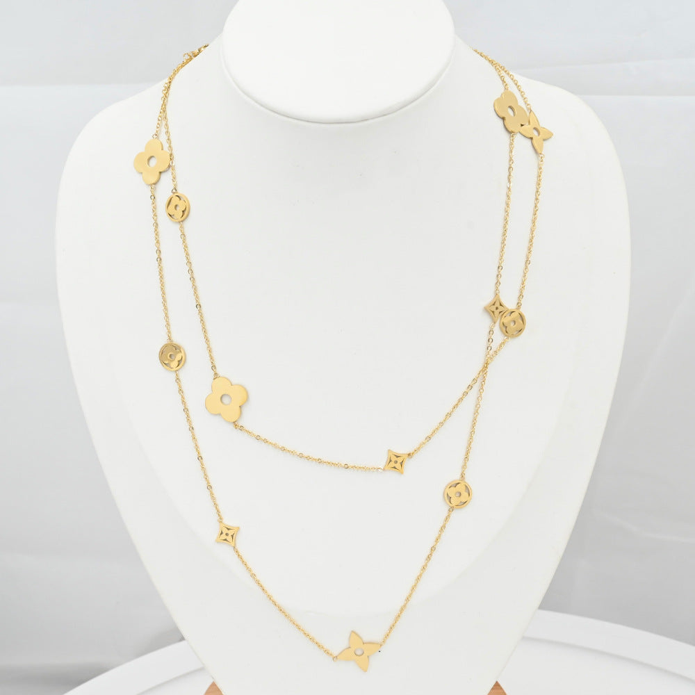 LEEDOX  Floral Geometric Vacuum Plated Long Necklace