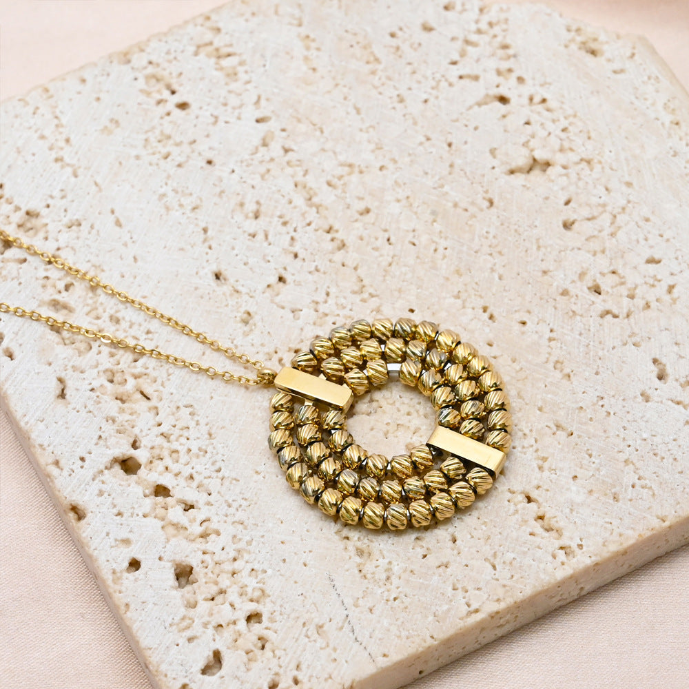 LEEDOX  Three-layer Rotatable Beaded Round Pendant Necklace