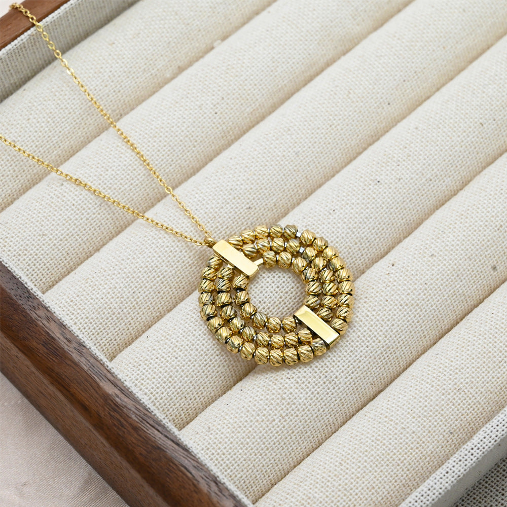 LEEDOUX Three-layer Rotatable Beaded Round Pendant Necklace