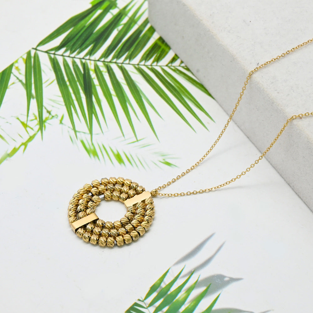 LEEDOX  Three-layer Rotatable Beaded Round Pendant Necklace